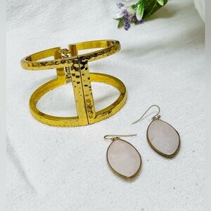 Gold Cuff Hinged Bracelet & Gold Rose Quarts Drop Earrings.  NWOT